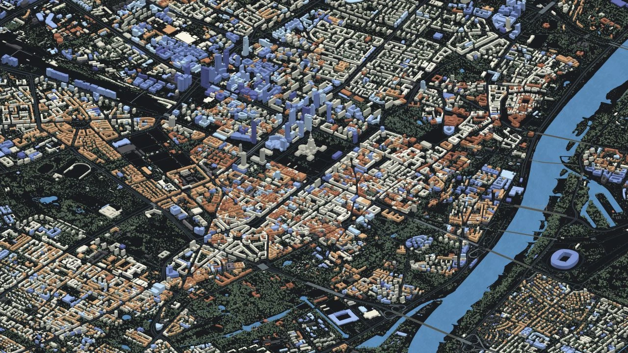 An aerial view of Warsaw in 3D, with buildings coloured by construction period and the Vistula winding through the city